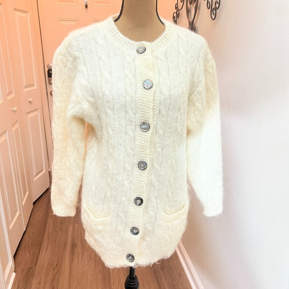 The Sweater Company New Zealand M Ivory Mohair Blend Cardigan Fuzzy Longline
